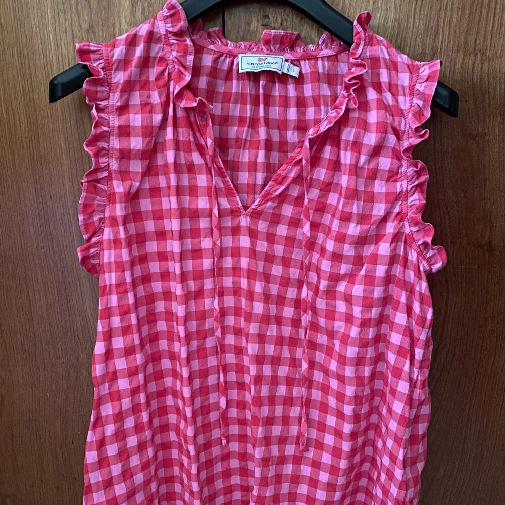 Vineyard Vines ruffle pink gingham top SIZE LARGE